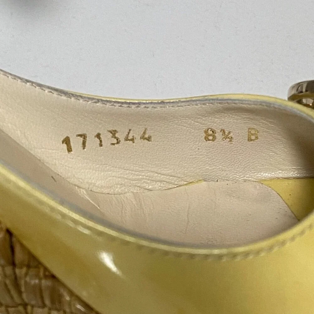 Gucci Horse-bit Patent Leather Ankle Strap Wedges in Pastel Yellow Size 8 1/2